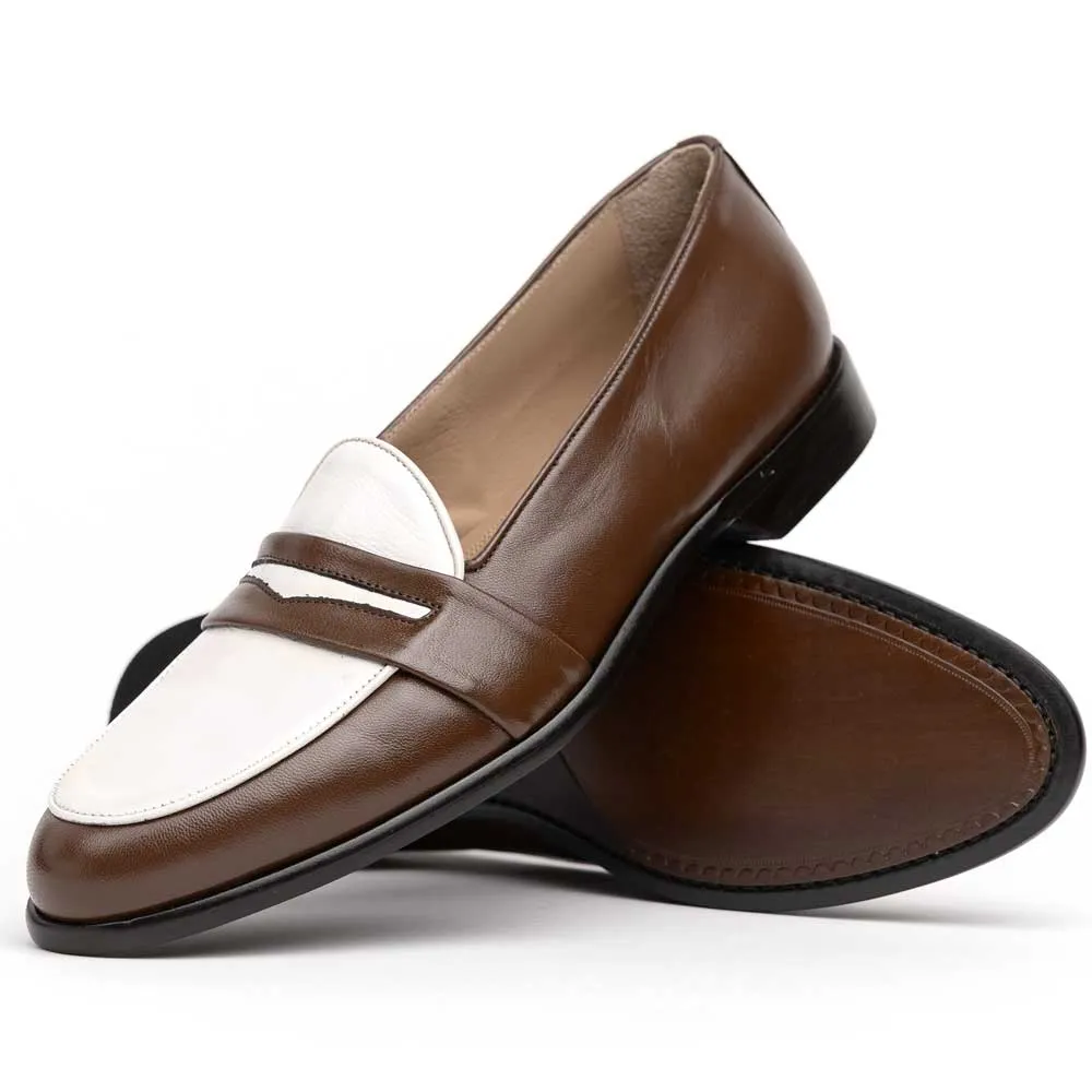 15-300-CRM ALBA Calfskin Penny Loafer, Camel/Cream