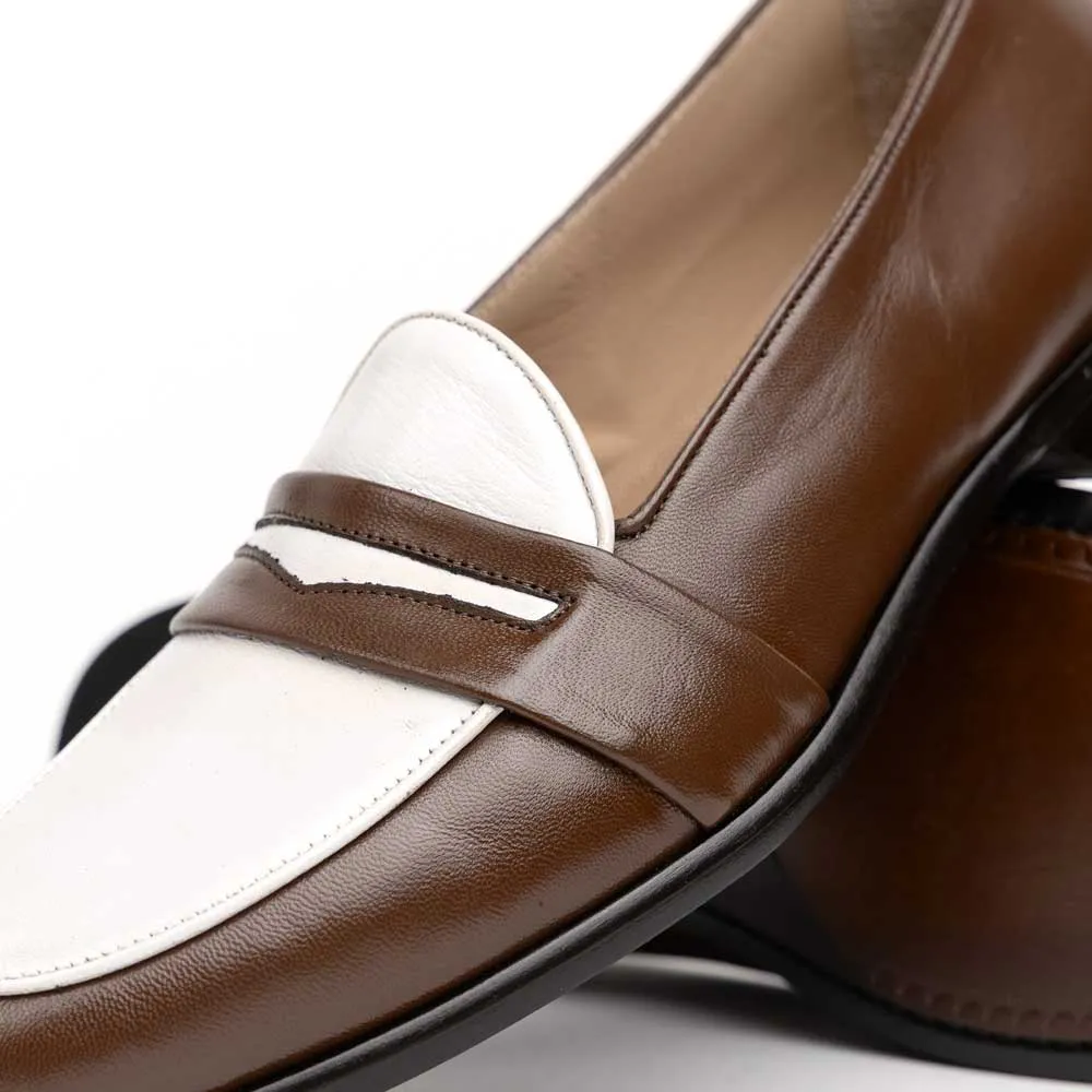 15-300-CRM ALBA Calfskin Penny Loafer, Camel/Cream