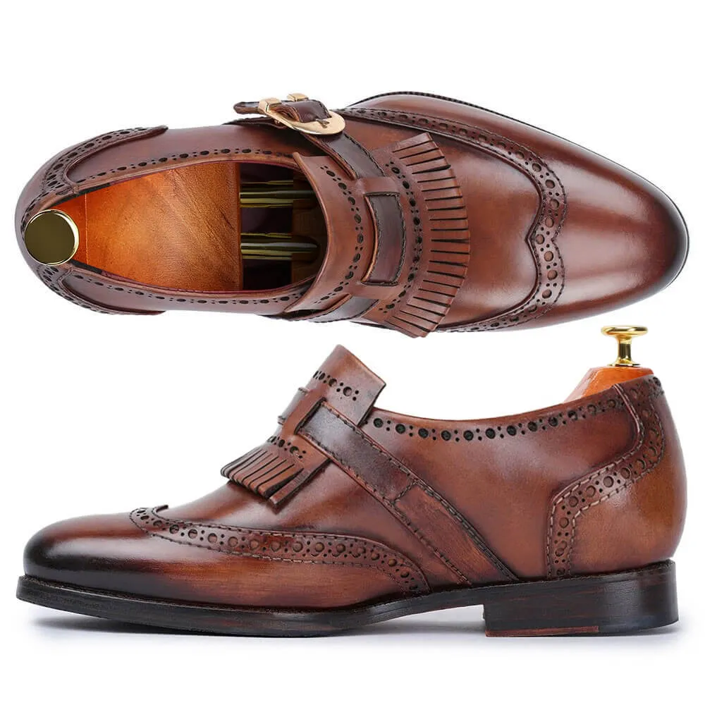 7 CM / 2.76 Inches CMR CHAMARIPA Dress Elevator Shoes For Men - Wingtip Brogue Kiltie Monk Strap - Brown