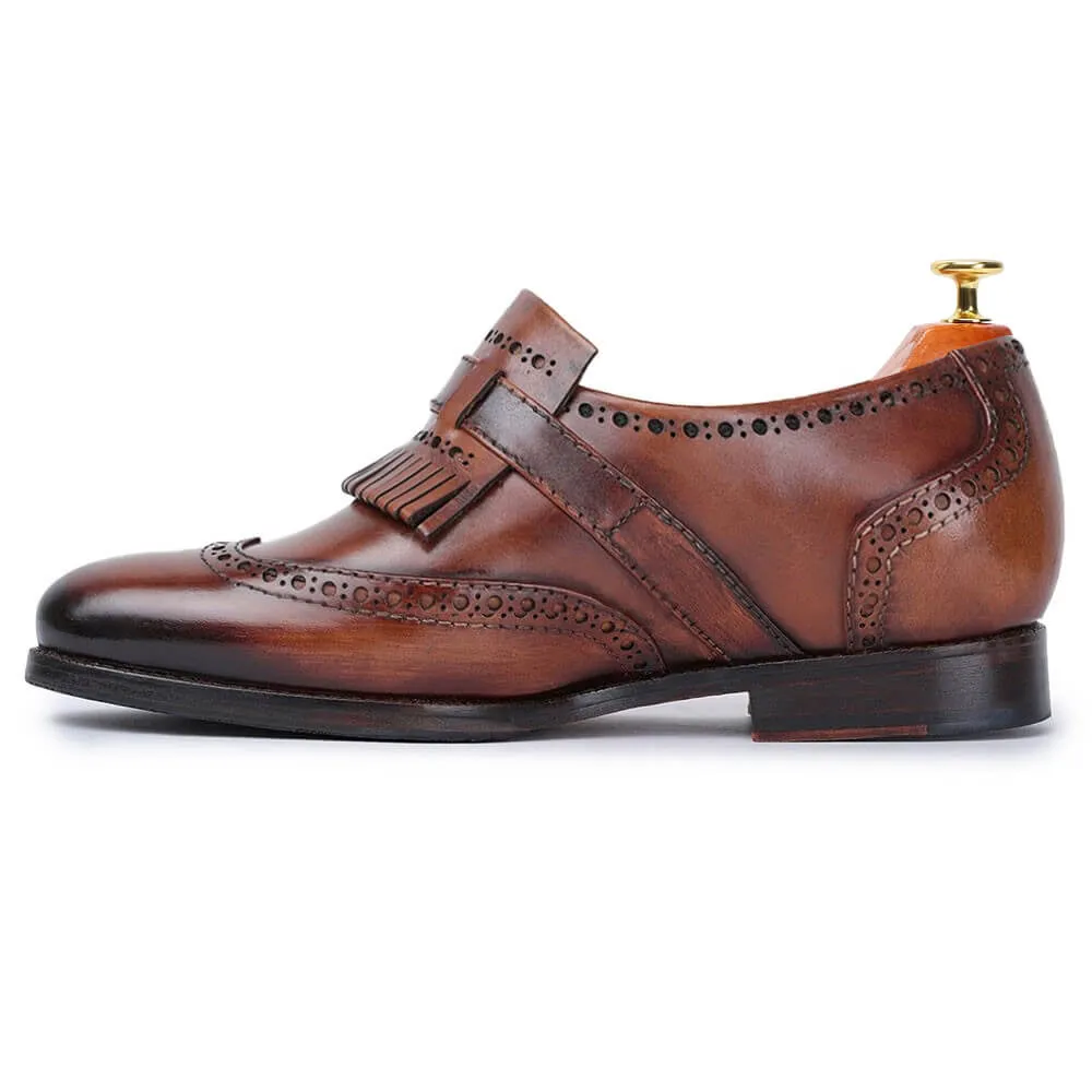 7 CM / 2.76 Inches CMR CHAMARIPA Dress Elevator Shoes For Men - Wingtip Brogue Kiltie Monk Strap - Brown