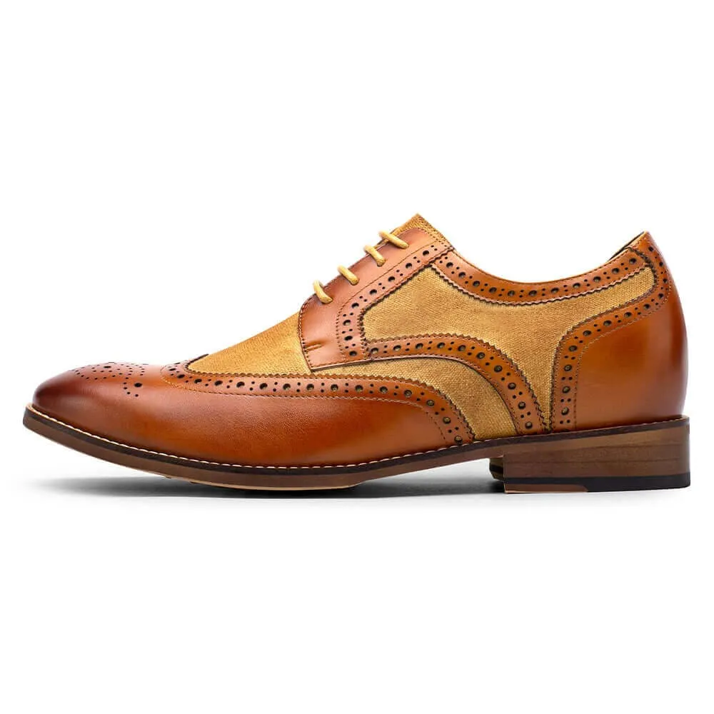 7CM / 2.76Inches - CMR CHAMARIPA Height Increasing Shoes - Mens Shoes With Height - Brown Genuine Leather Brogues Wingtip Shoes