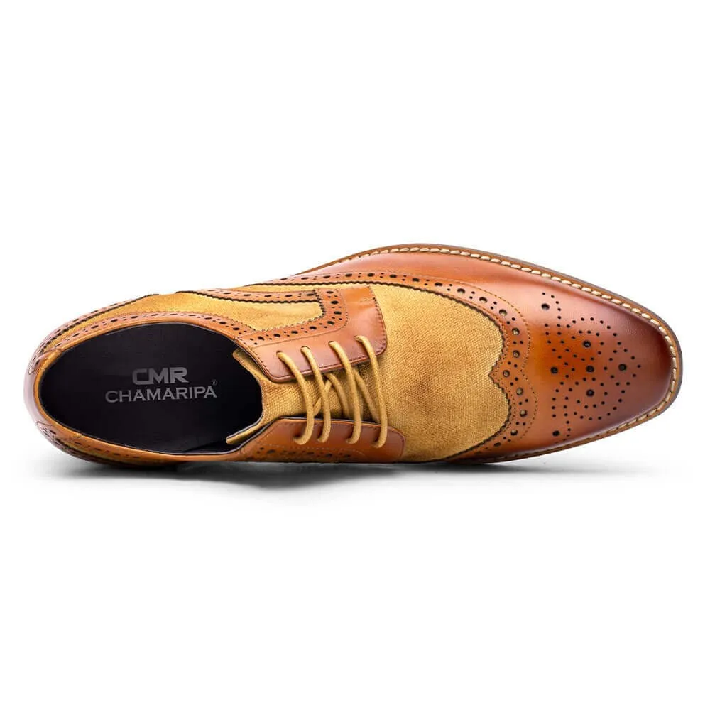 7CM / 2.76Inches - CMR CHAMARIPA Height Increasing Shoes - Mens Shoes With Height - Brown Genuine Leather Brogues Wingtip Shoes