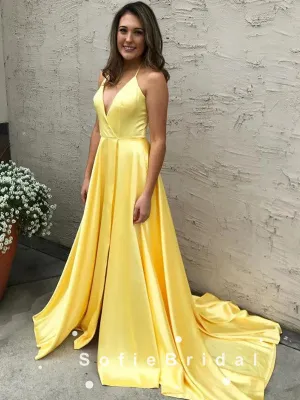 A-Line V-Neck Spaghetti Straps Yellow Satin Cheap Long Prom Dresses Online,SFPD0087