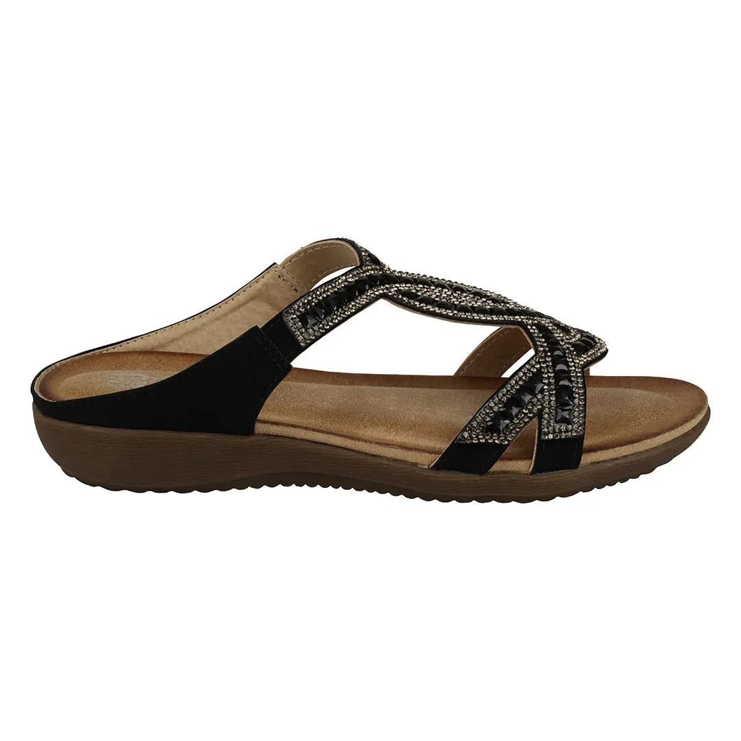 Alora Black Embellished Slide Flat Sandals