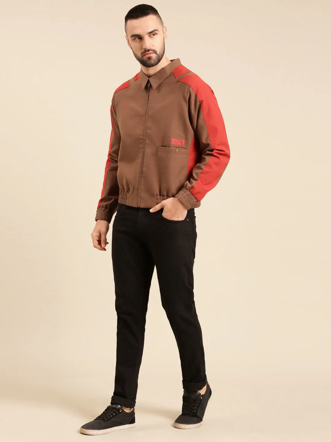 Brown Red Cotton Bomber Jacket - MMBJ022