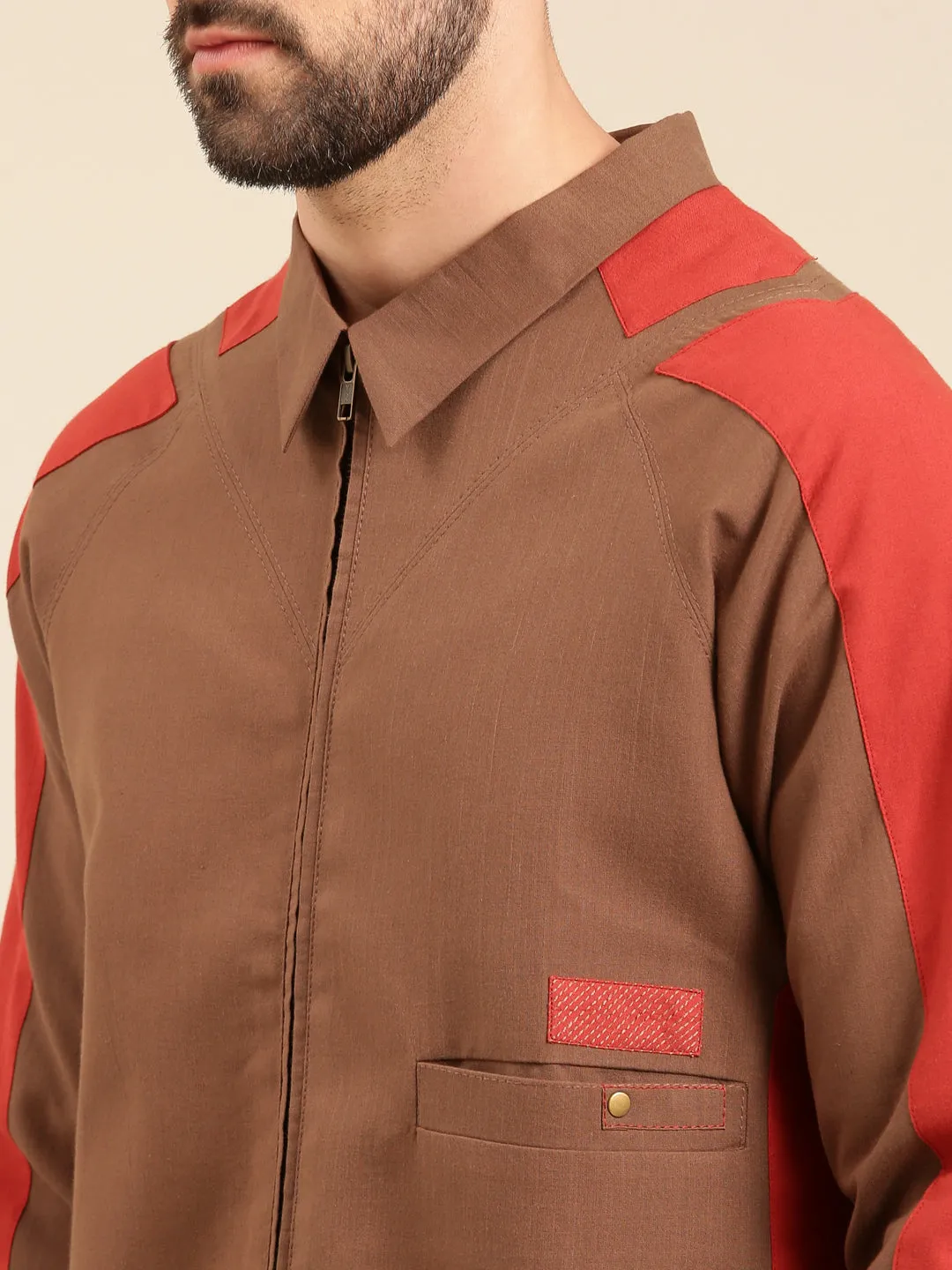 Brown Red Cotton Bomber Jacket - MMBJ022