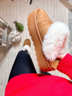 Dream Walker Fur Trim Snow Bootie Slippers in Tan