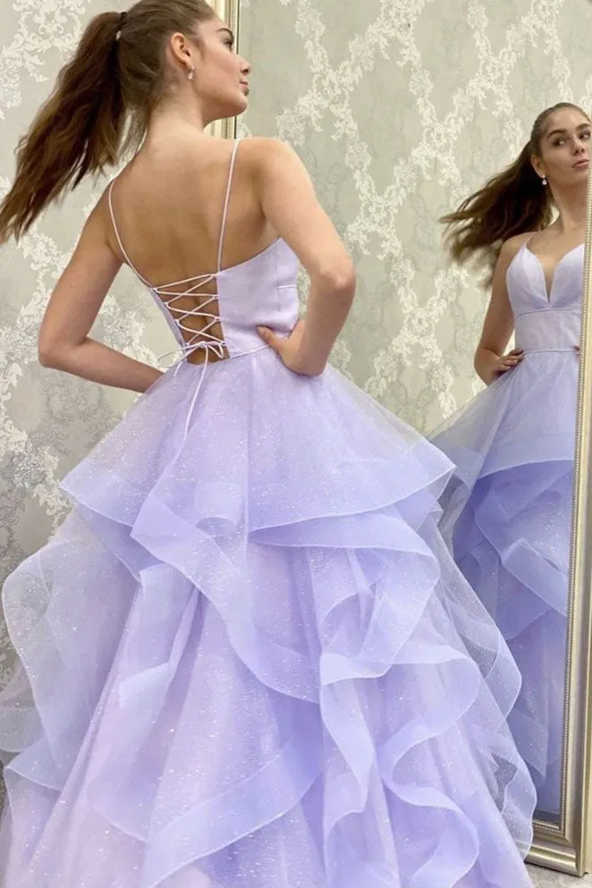 Fluffy V Neck Lilac Long Prom Dress, Spaghetti Straps Formal Evening Gown UQP0062