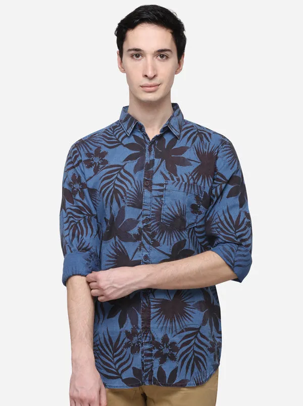 Indigo Blue Slim Fit Printed Casual Shirt | JadeBlue