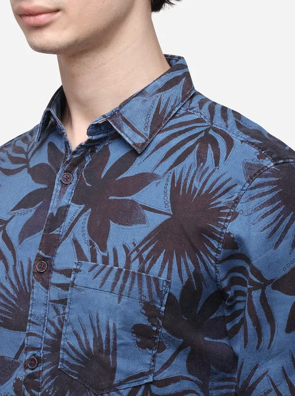 Indigo Blue Slim Fit Printed Casual Shirt | JadeBlue