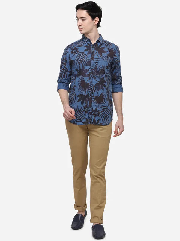 Indigo Blue Slim Fit Printed Casual Shirt | JadeBlue