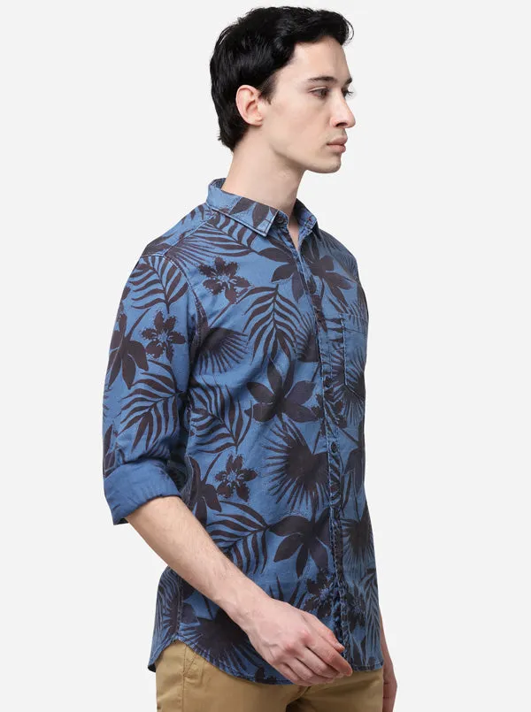 Indigo Blue Slim Fit Printed Casual Shirt | JadeBlue