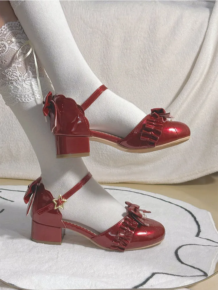 Lace pearl retro sweet simple versatile bow shoes