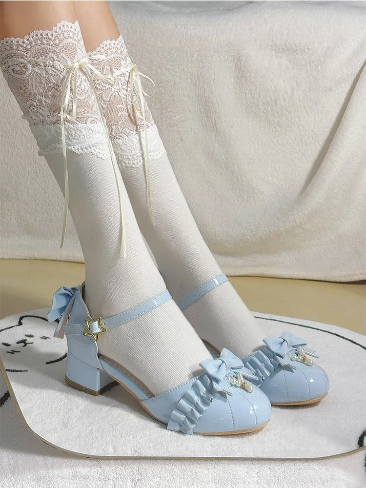 Lace pearl retro sweet simple versatile bow shoes