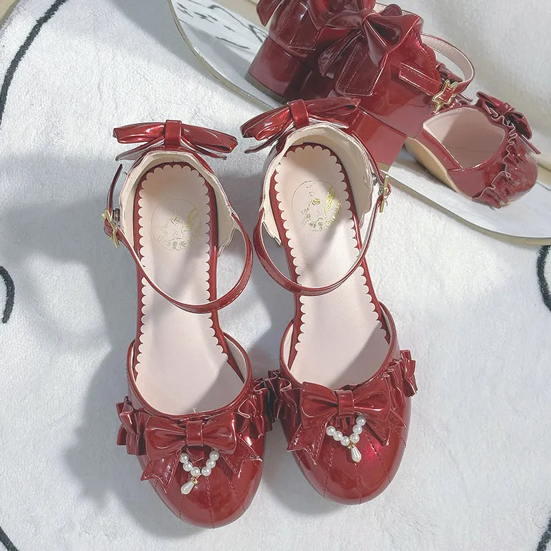 Lace pearl retro sweet simple versatile bow shoes