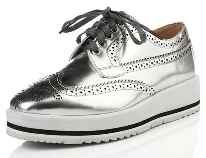 Leather Wedge Platform Oxford Shoes in Black or Silver