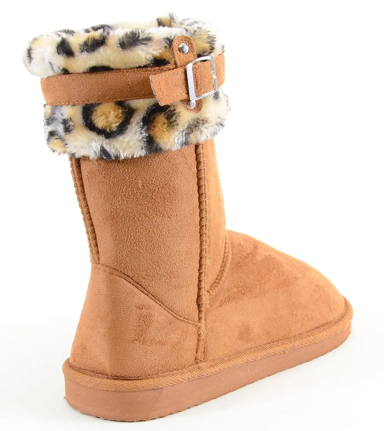 Leopard Cuff Furry Buckle Vegan Suede Flat Warm Women's Boots