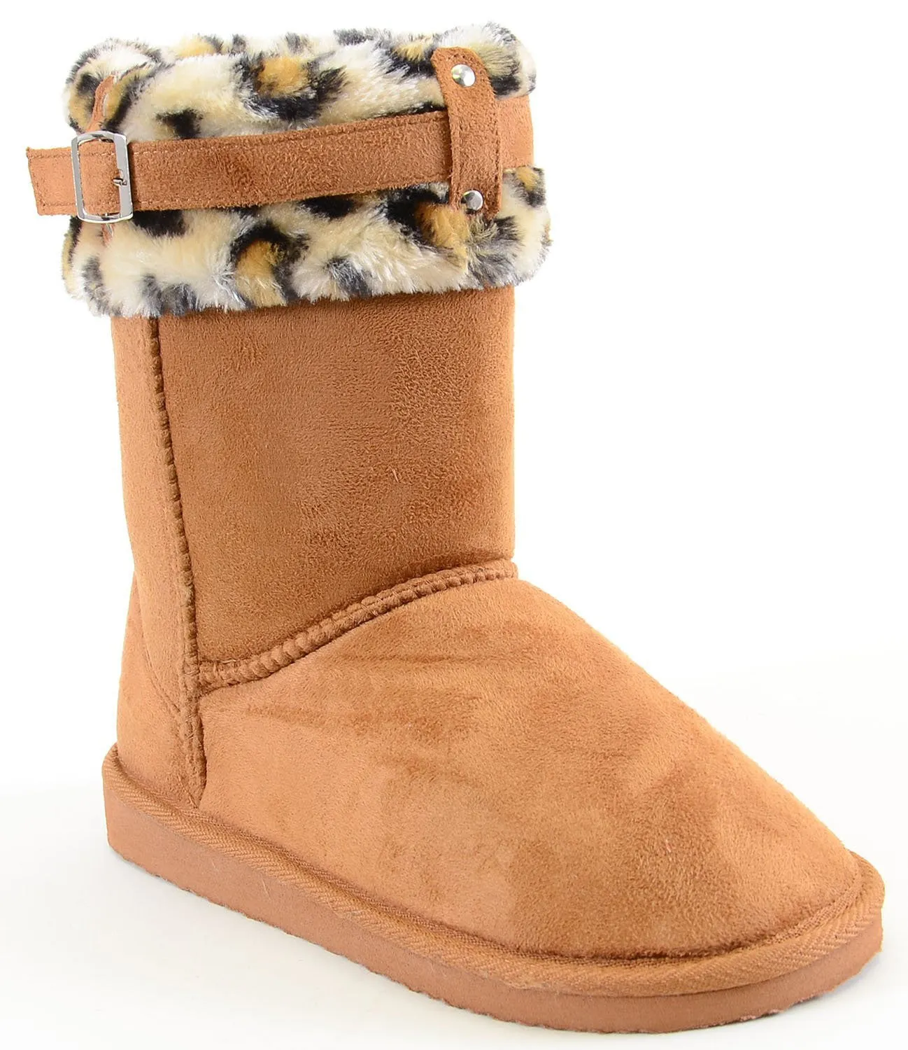 Leopard Cuff Furry Buckle Vegan Suede Flat Warm Women's Boots