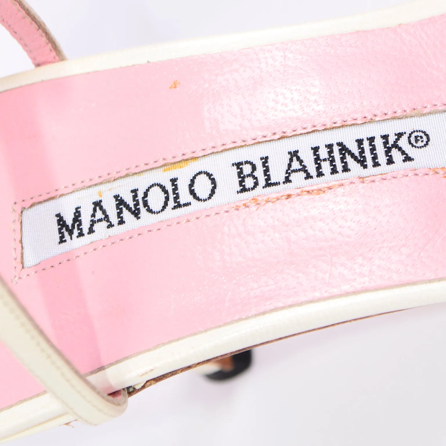 Manolo Blahnik Ivory Leather Shoes With Flower & Ankle Straps