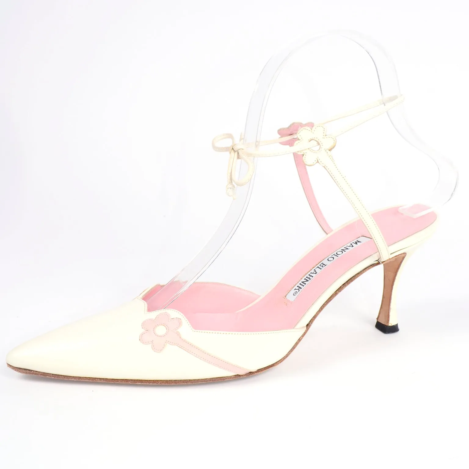 Manolo Blahnik Ivory Leather Shoes With Flower & Ankle Straps