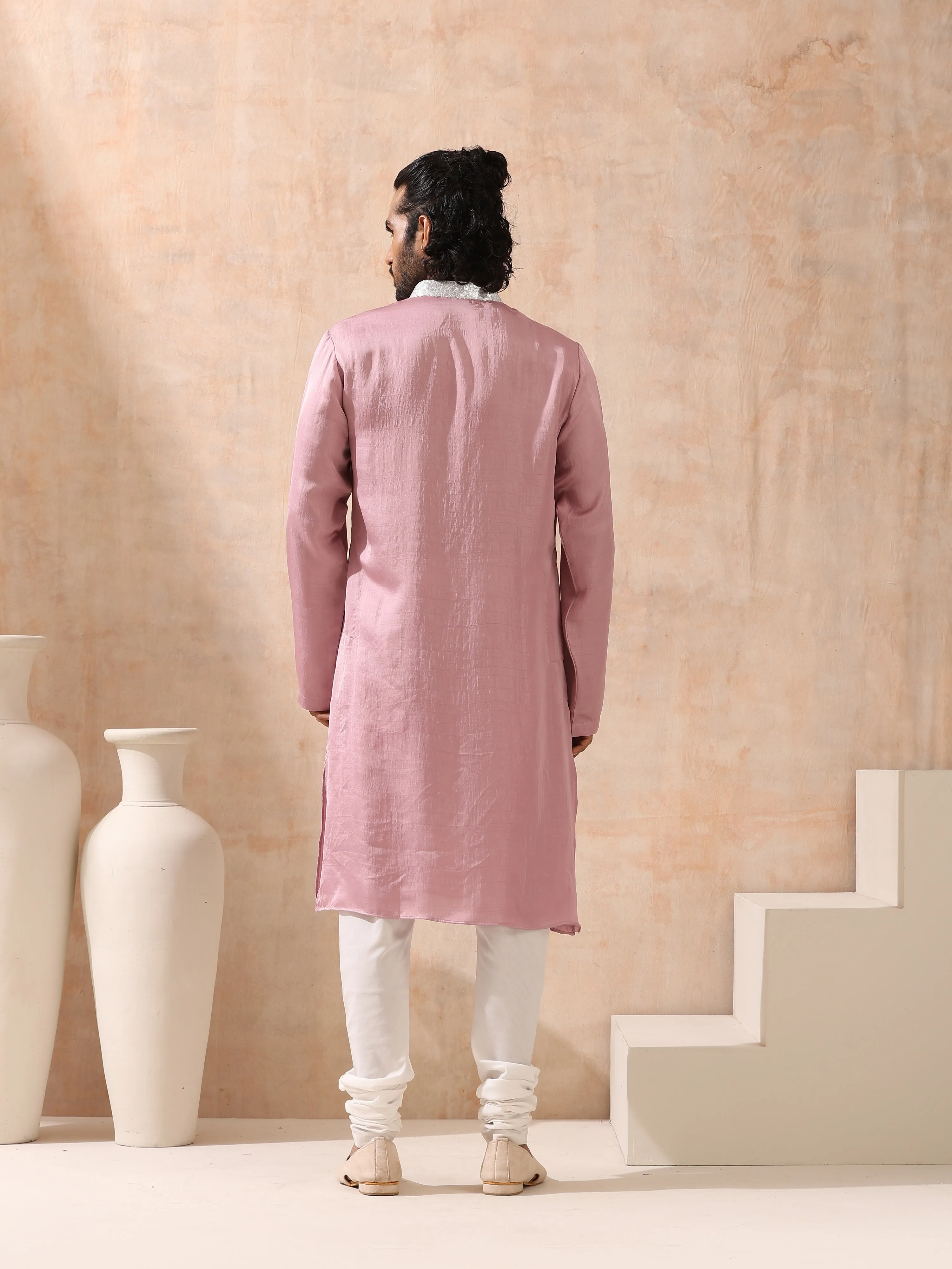 Mens Pink Kurta with Silver Sequin Placket and Collar