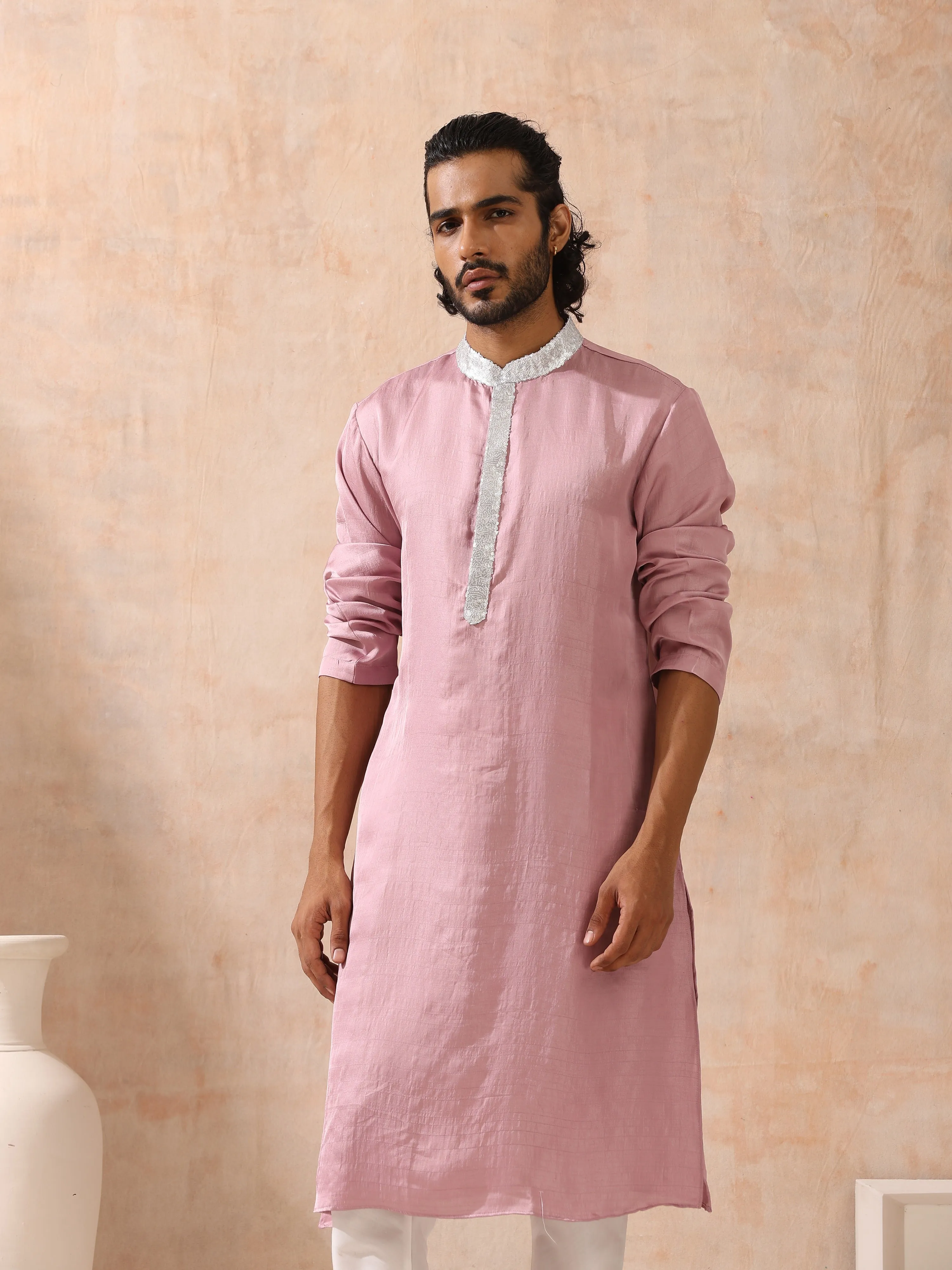 Mens Pink Kurta with Silver Sequin Placket and Collar