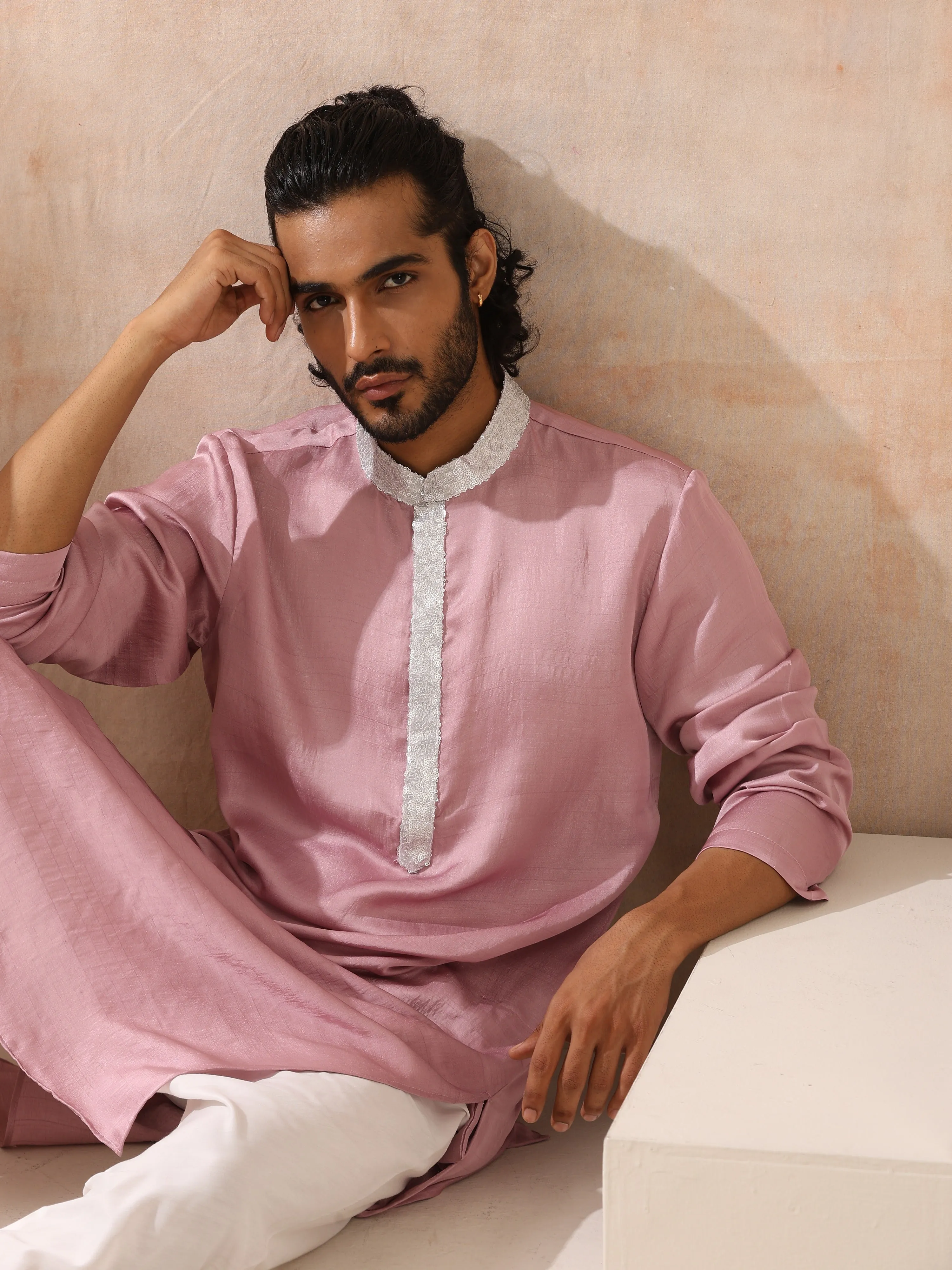 Mens Pink Kurta with Silver Sequin Placket and Collar