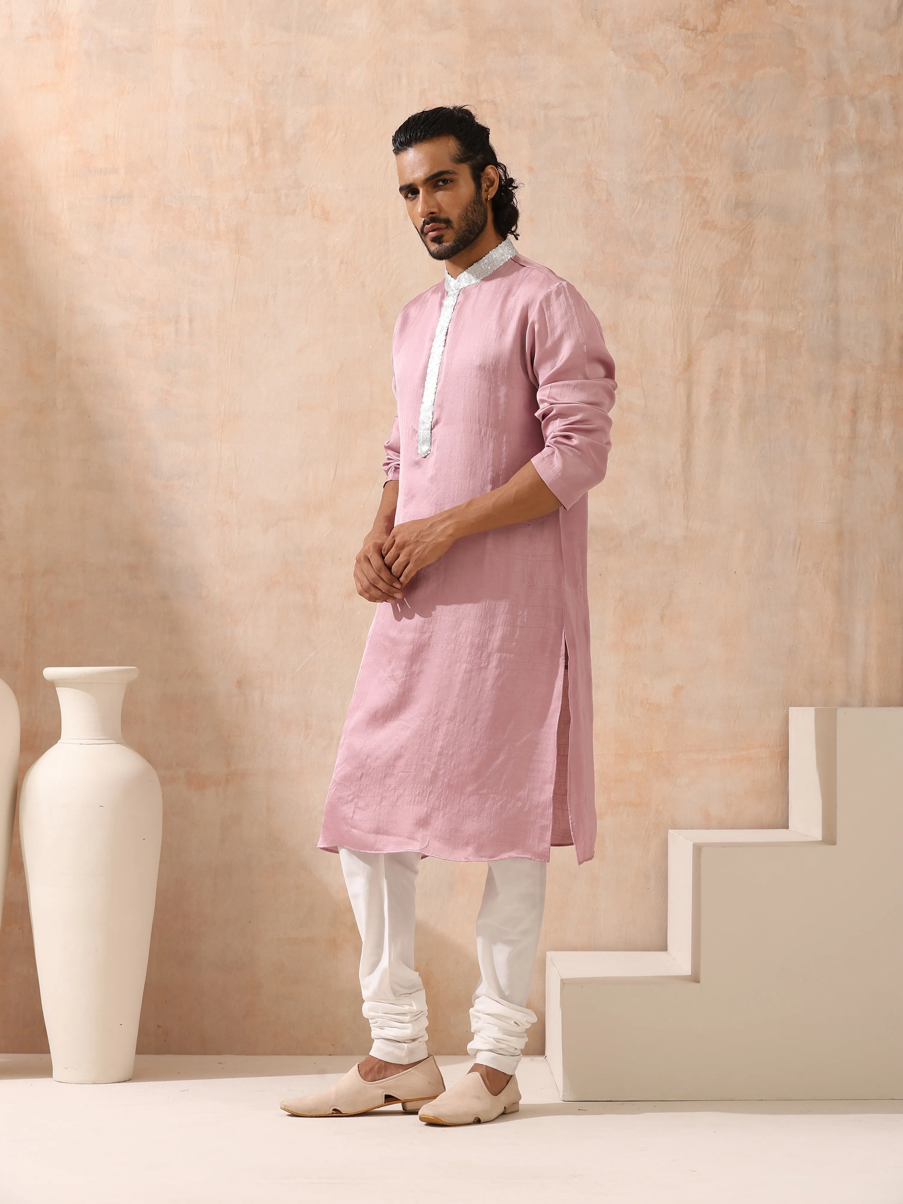 Mens Pink Kurta with Silver Sequin Placket and Collar