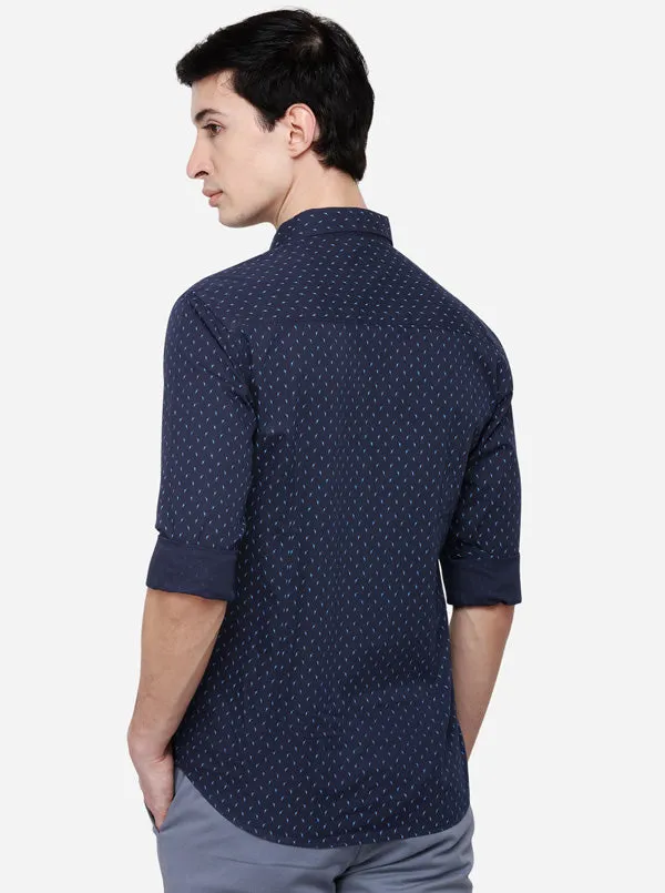 Navy Blue Slim Fit Printed Casual Shirt | Greenfibre