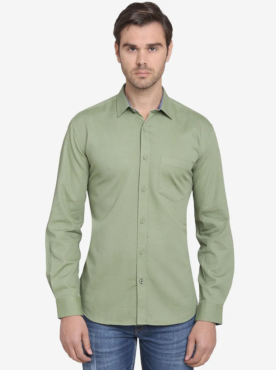 Olive Green Printed Slim Fit Casual Shirt  | JadeBlue