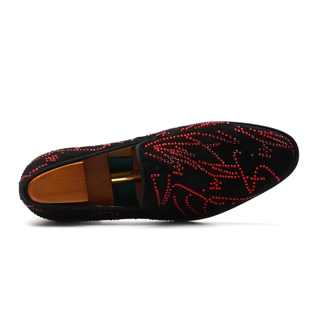 Red Rhinestone Genuine Leather Loafers