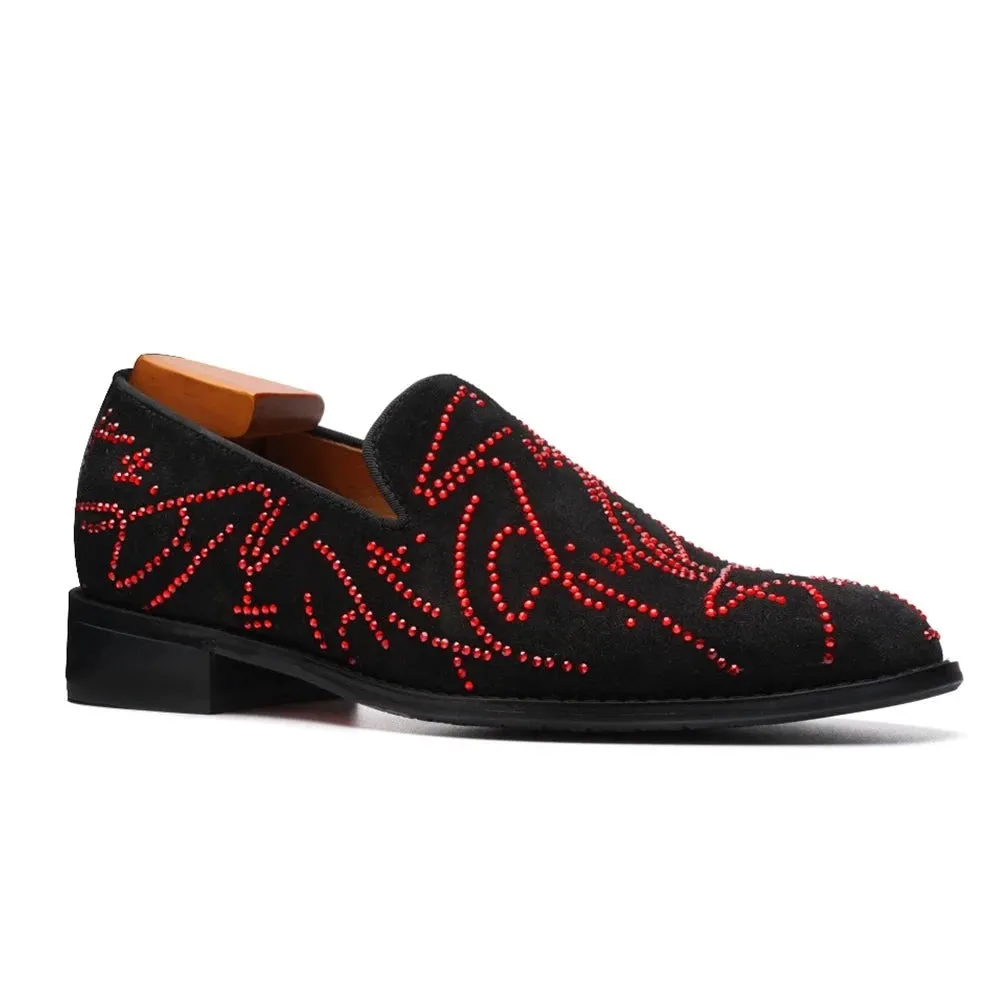 Red Rhinestone Genuine Leather Loafers