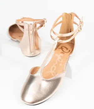 Rose Gold Patent Leatherette Bee T-Strap Flats