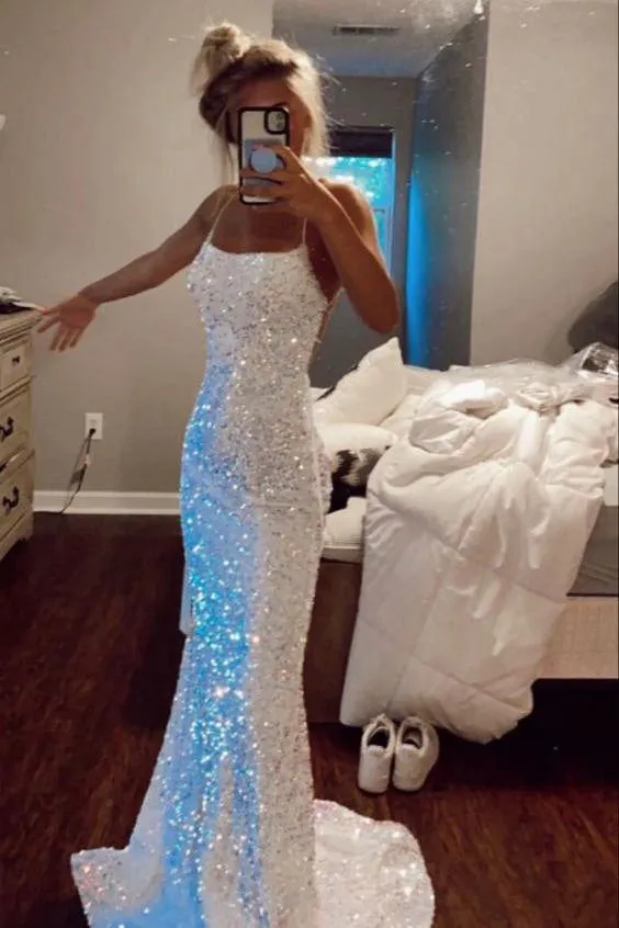 Shiny Spaghetti Straps Mermaid White Sequin Prom Evening Dress Gown for Women UQP0051