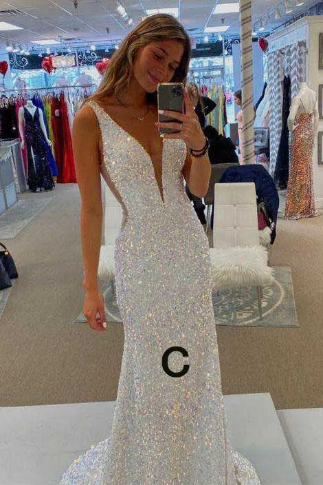 Shiny Spaghetti Straps Mermaid White Sequin Prom Evening Dress Gown for Women UQP0051