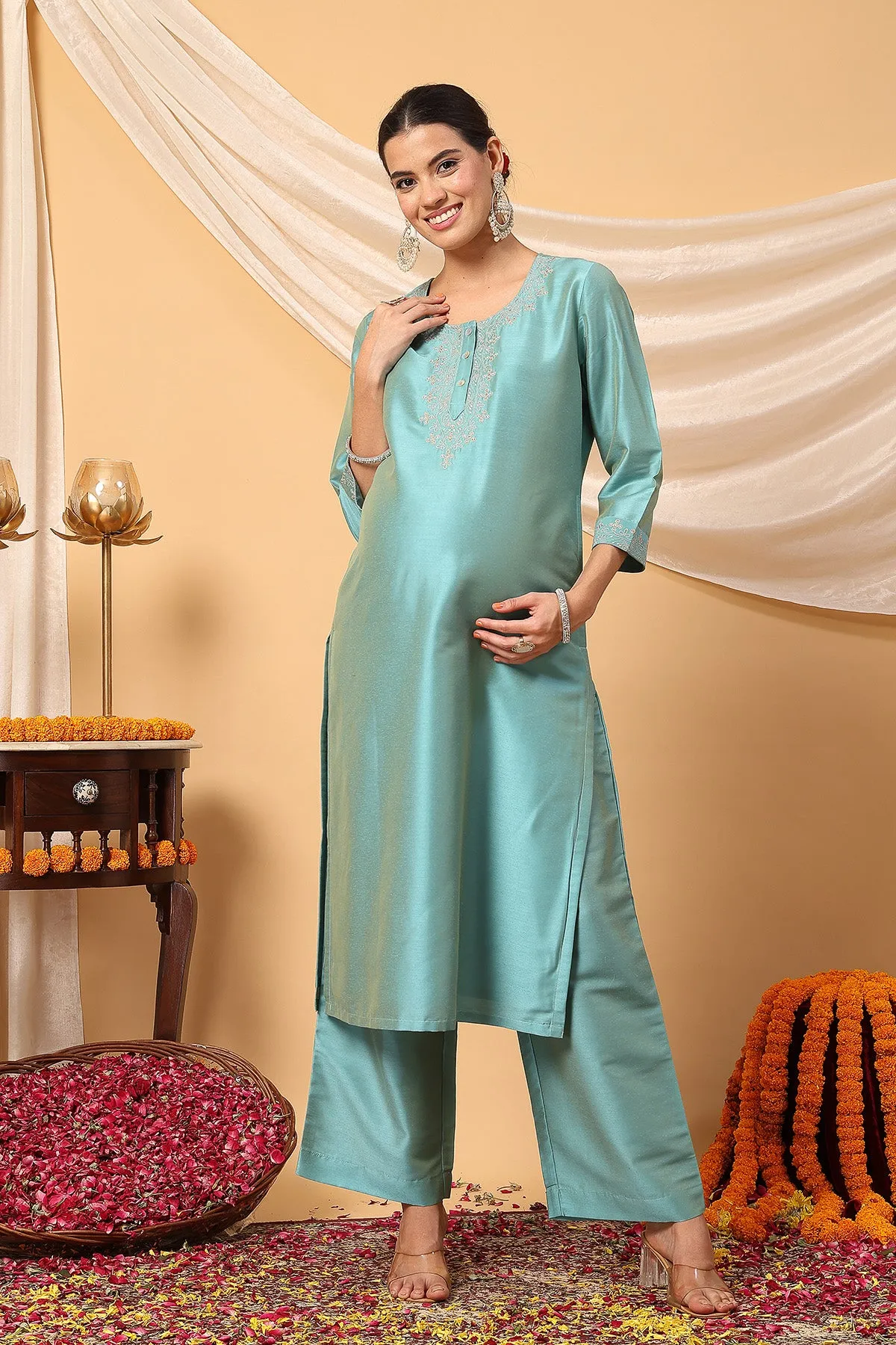 Sky-Blue Festive Bloom Zipless Feeding Maternity Suit Set