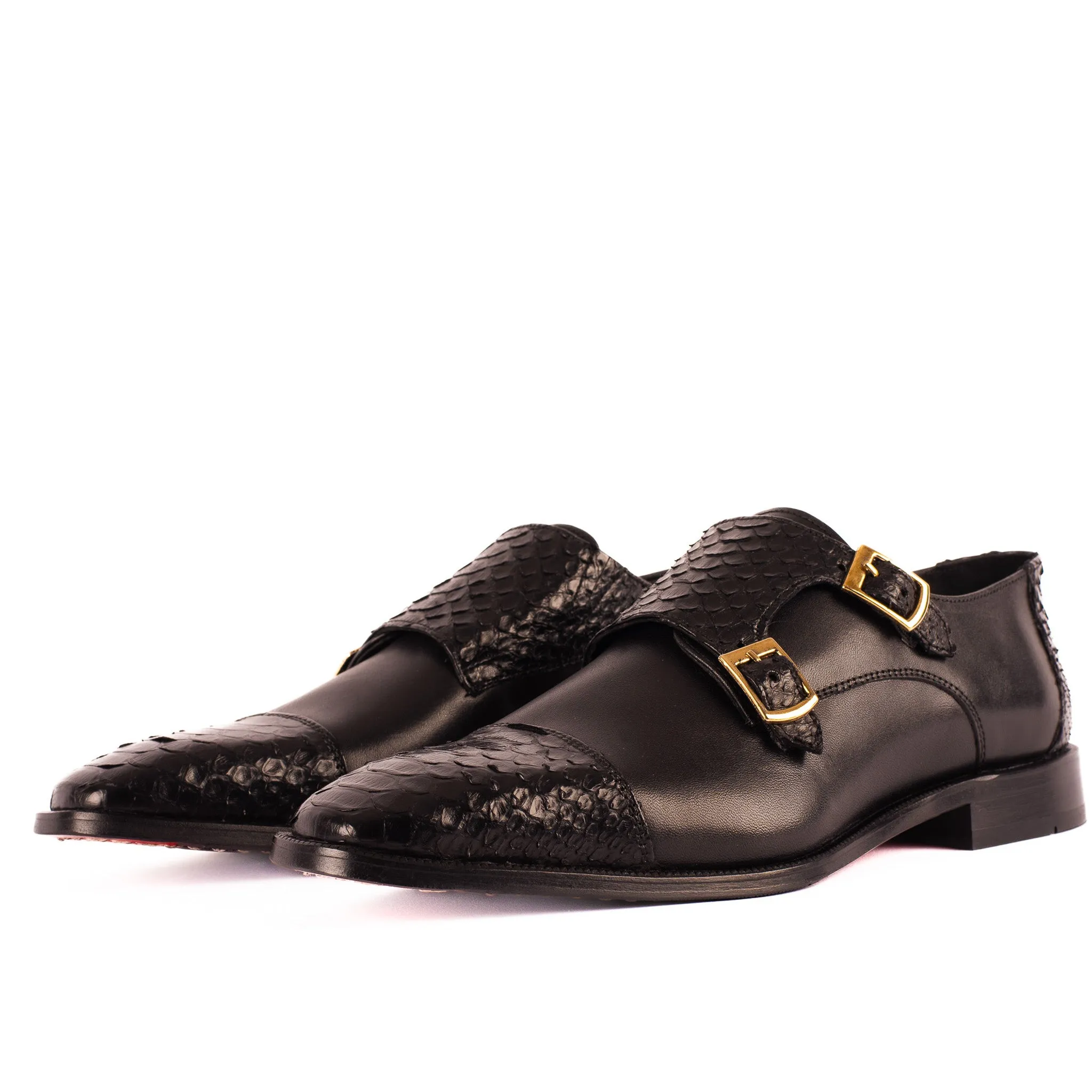 The Bishkek Black Leather Cap Toe Double Monk Strap Men Shoe