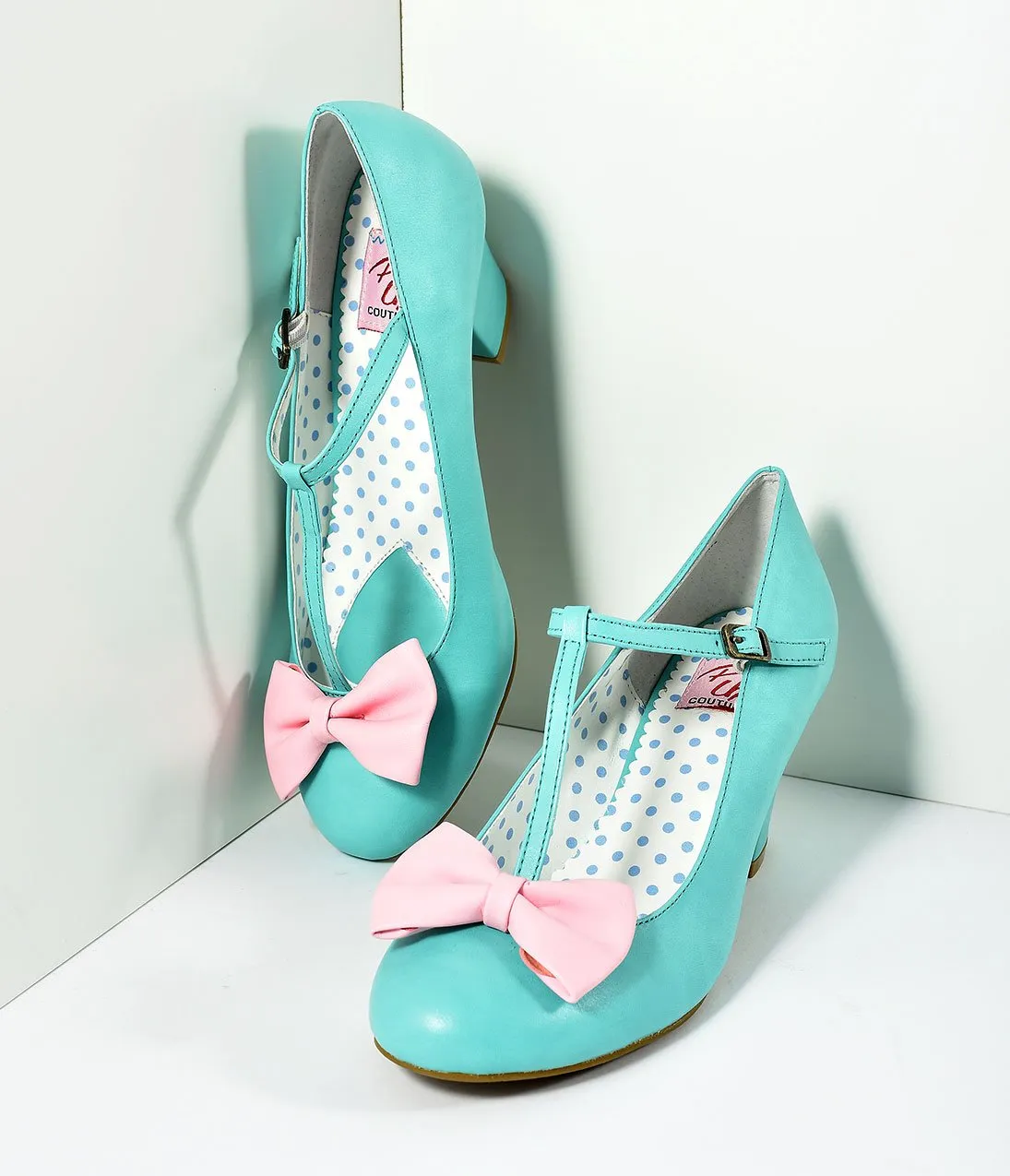 Vintage Style Light Teal & Pink Leatherette T-Strap Bow Wiggle Heels