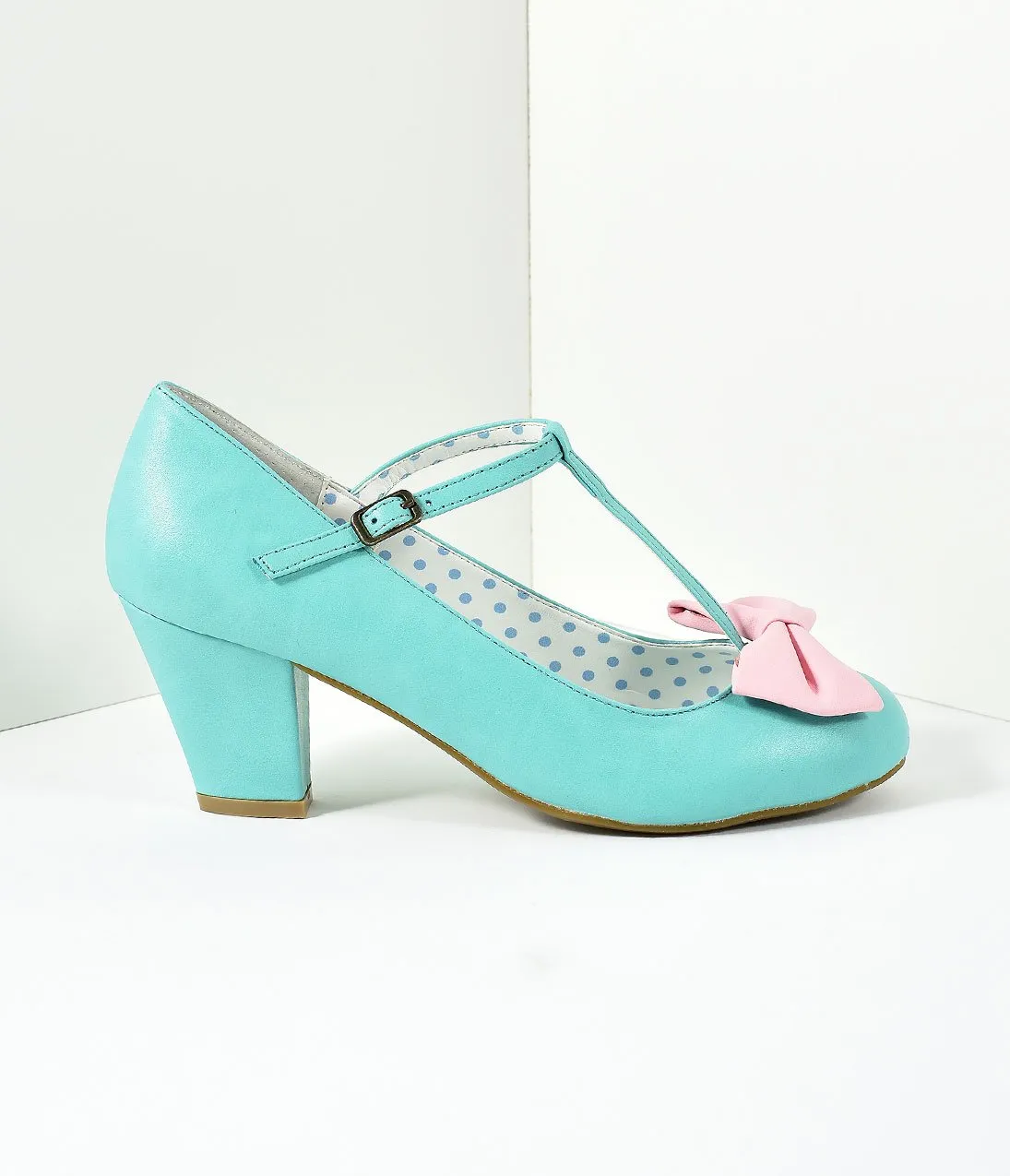 Vintage Style Light Teal & Pink Leatherette T-Strap Bow Wiggle Heels