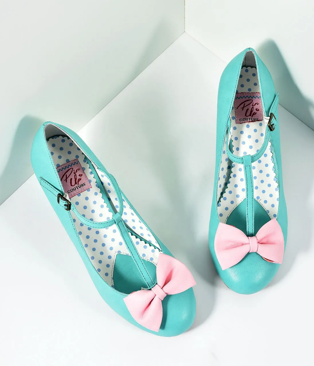 Vintage Style Light Teal & Pink Leatherette T-Strap Bow Wiggle Heels