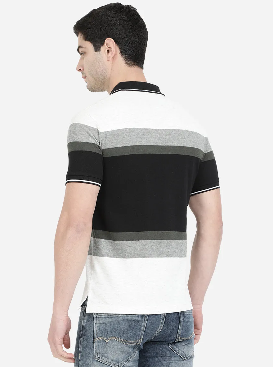 White & Black Striped Slim Fit Polo T-Shirt | Greenfibre