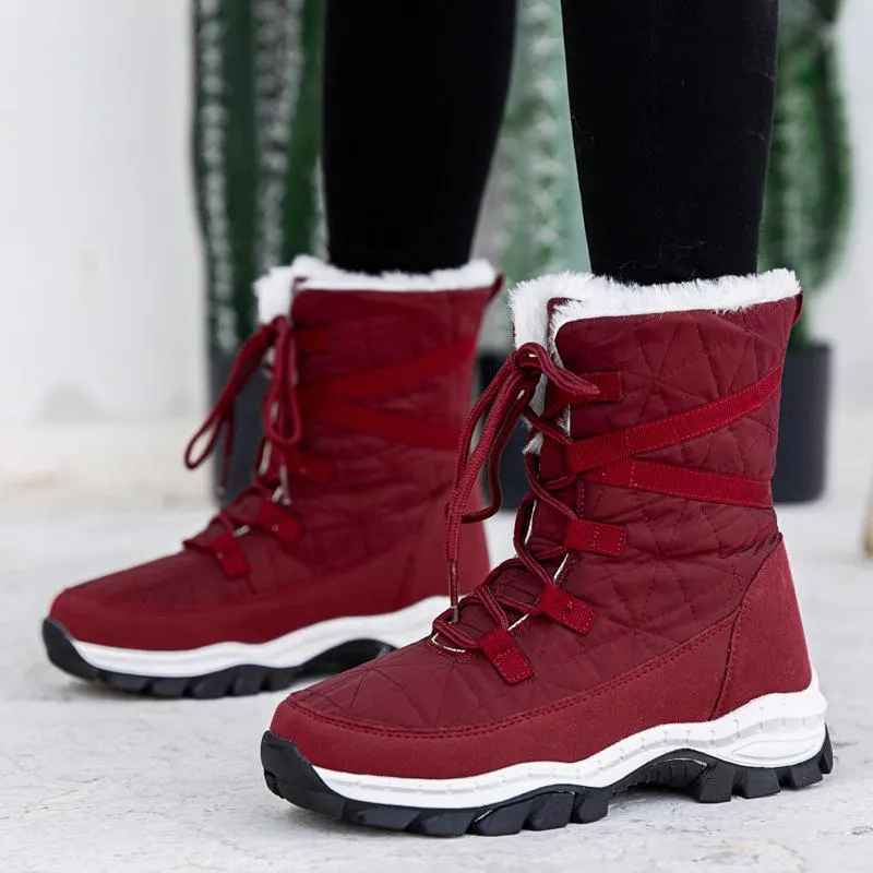 Women Winter Waterproof Anti-skid Lining Faux Fur Lace Up Snow Boots