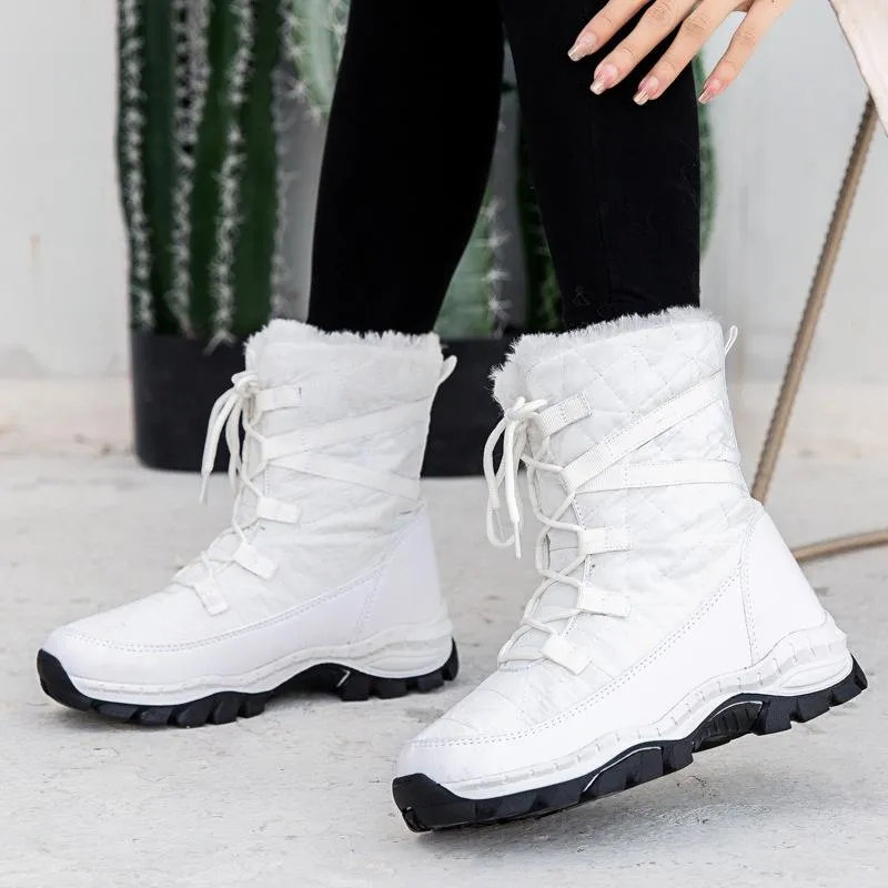 Women Winter Waterproof Anti-skid Lining Faux Fur Lace Up Snow Boots