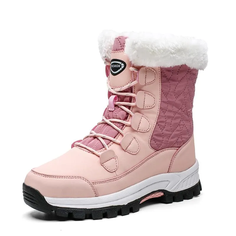 Women Winter Waterproof Anti-skid Lining Faux Fur Lace Up Snow Boots