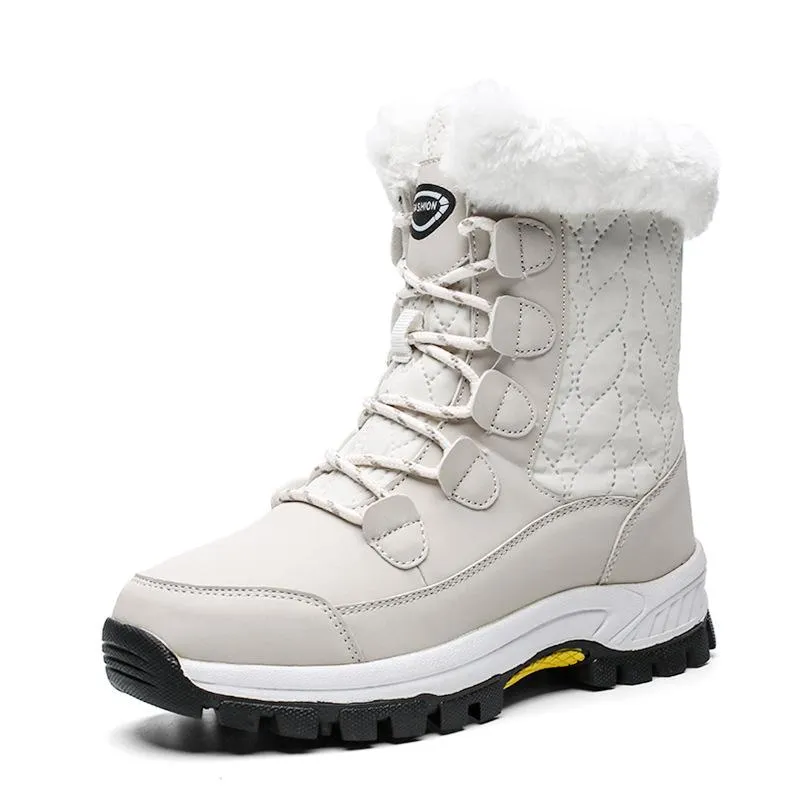 Women Winter Waterproof Anti-skid Lining Faux Fur Lace Up Snow Boots