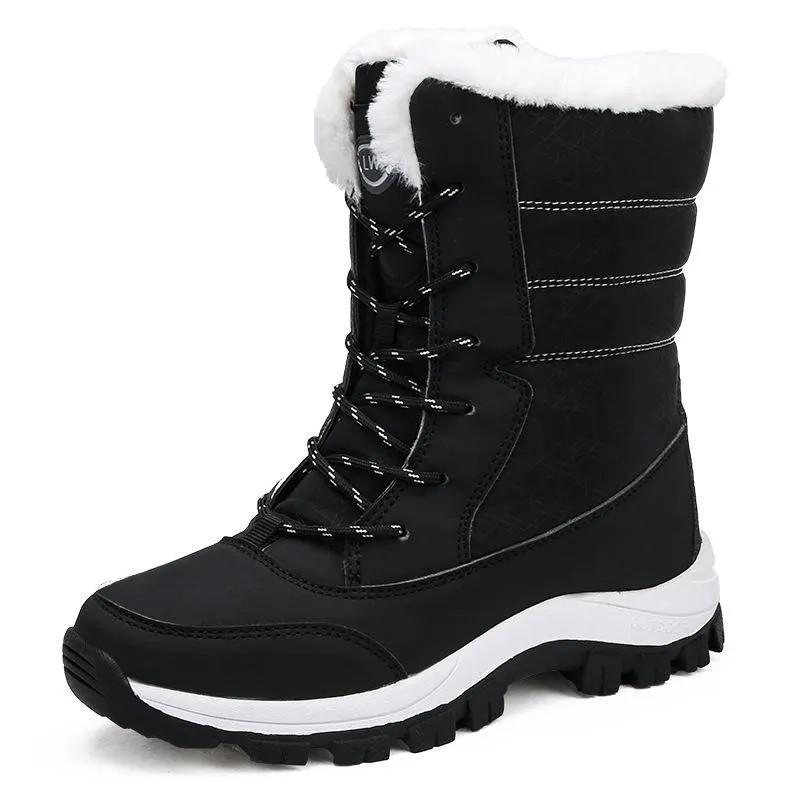 Women Winter Waterproof Anti-skid Lining Faux Fur Lace Up Snow Boots