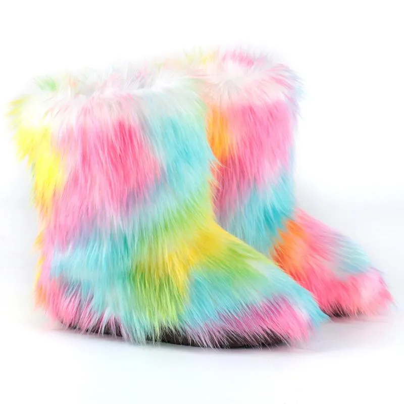 Women's multiclor fashion fluffy snow boots plush lining non-slip flat winter warm booties