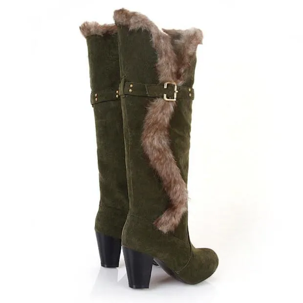 Women's warm thick plush lined knee high snow boots with belt buckle